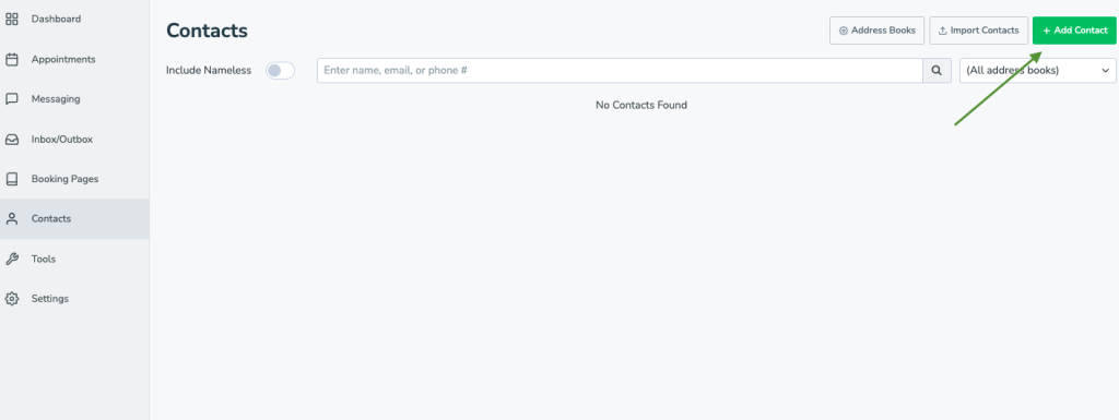 Apptoto "Contacts" tab where new contacts can be added via the "+Add Contact" button